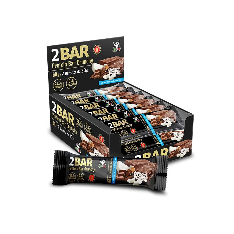 Box di barrette proteiche crunchy 2Bar Net Integratori Confezione espositore di barrette proteiche crunchy al gusto cioccolato e cocco di Net Integratori.