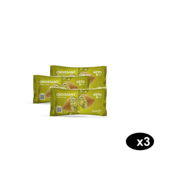 Tre confezioni di croissant keto al pistacchio Feeling Ok disposte in gruppo con un simbolo x3 in basso a destra.