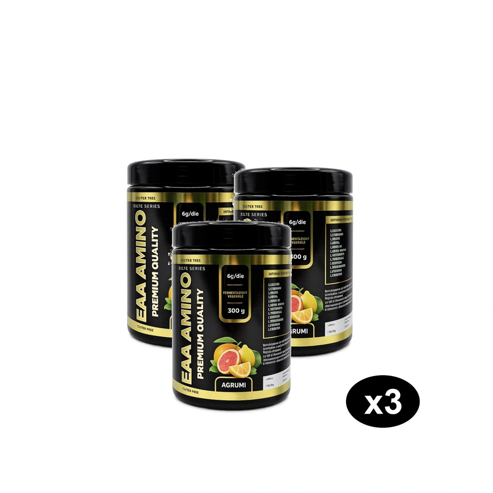 Set 3 confezioni EAA Amino DM Nutrition gusto agrumi Tre barattoli di Aminoacidi essenziali in polvere gusto agrumi di DM Nutrition disposti su sfondo bianco.