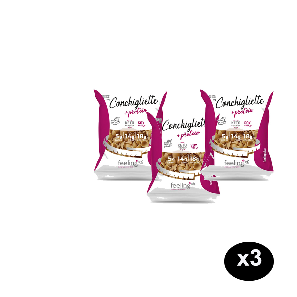 Box risparmio 3 confezioni di Conchigliette proteiche Feeling Ok Tre confezioni di pasta proteica Conchigliette Feeling Ok disposte in gruppo con un cerchio nero che indica il formato 3x.