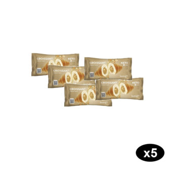 Cinque confezioni singole di cornetti chetogenici Feeling OK con ripieno alla nocciola disposte su sfondo bianco.