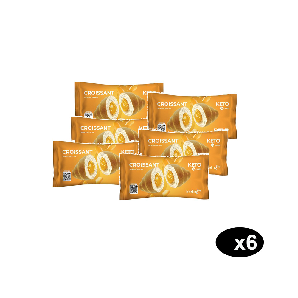Confezione da 6 Cornetti Proteici all'Albicocca Feeling Ok Una confezione multipla composta da sei cornetti proteici confezionati singolarmente con ripieno alla crema di albicocca.