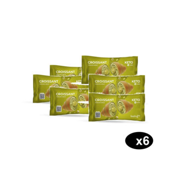 Una confezione multipla composta da sei croissant incartati singolarmente al gusto pistacchio del marchio Feeling Ok.
