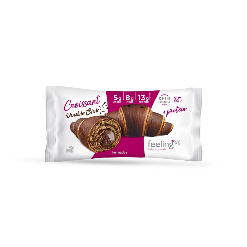 Cornetto proteico al doppio cioccolato Feeling OK Confezione singola di cornetto proteico al doppio cioccolato Feeling OK con impasto al cacao e ripieno cremoso.