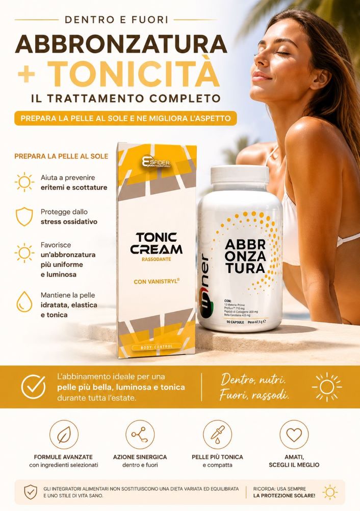 Trattamento Abbronzatura e Tonicità Dm Nutrition Una donna sorridente al sole accanto alla confezione di integratori Abbronzatura Inner e Tonic Cream di Dm Nutrition.
