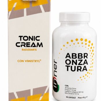 Confezione di Tonic Cream Rassodante e flacone di integratore Abbronzatura Inner su sfondo bianco.