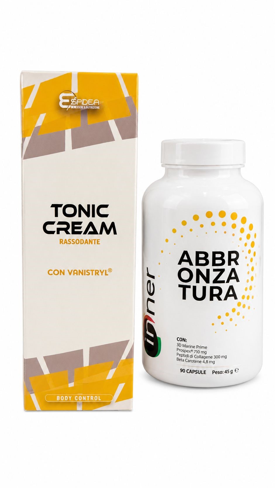 Trattamento Abbronzatura e Tonic Cream Dm Nutrition Confezione di Tonic Cream Rassodante e flacone di integratore Abbronzatura Inner su sfondo bianco.