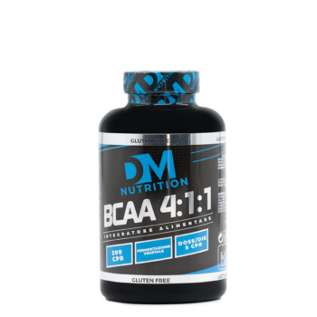 Flacone nero di integratore alimentare BCAA 4:1:1 DM Nutrition con etichetta blu e nera su sfondo bianco.