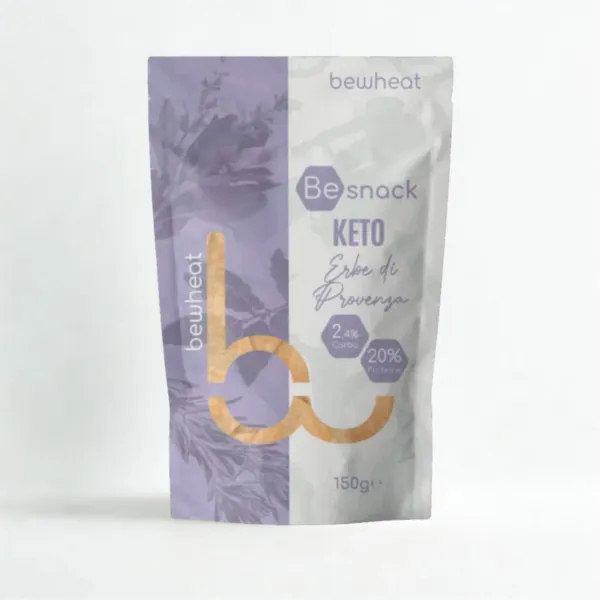 Be Snack Keto Erbe di Provenza BeWheat Confezione da 150 grammi di snack croccante Be Snack Keto al gusto Erbe di Provenza con logo BeWheat.