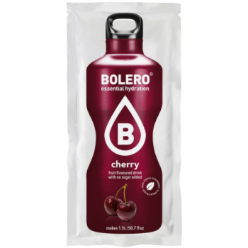 Bustina monodose di bevanda solubile Bolero al gusto ciliegia con immagine di ciliegie fresche.