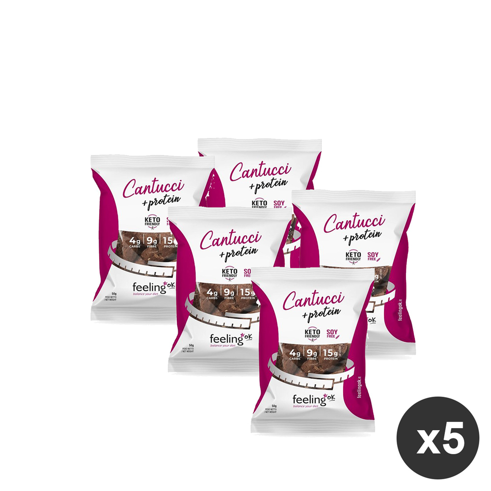 Box Risparmio 5 Biscotti Chetogenici al Cacao Feeling Ok Cinque confezioni monoporzione di biscotti al cacao Feeling Ok disposte a ventaglio con un cerchio x5 in basso a destra.