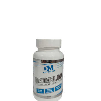Flacone bianco di integratore alimentare Bromelina DM Nutrition su sfondo bianco.