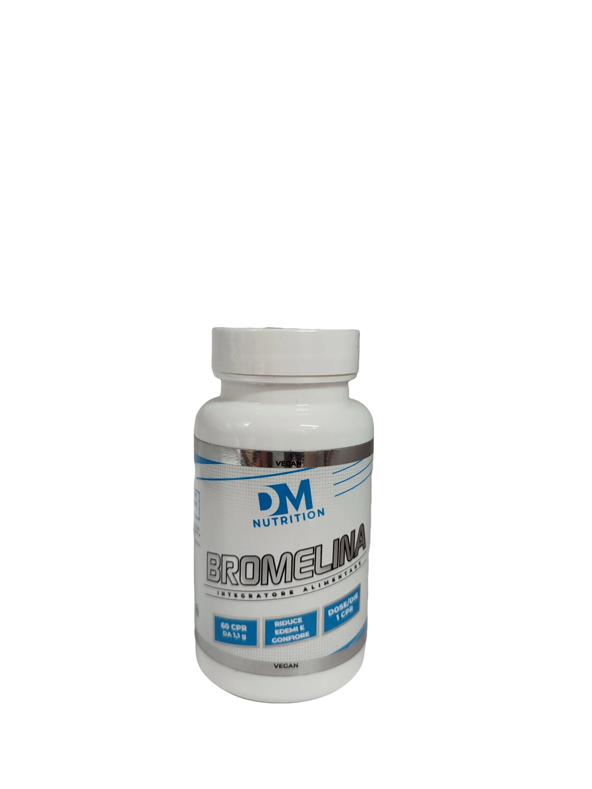 Integratore alimentare Bromelina DM Nutrition Flacone bianco di integratore alimentare Bromelina DM Nutrition su sfondo bianco.