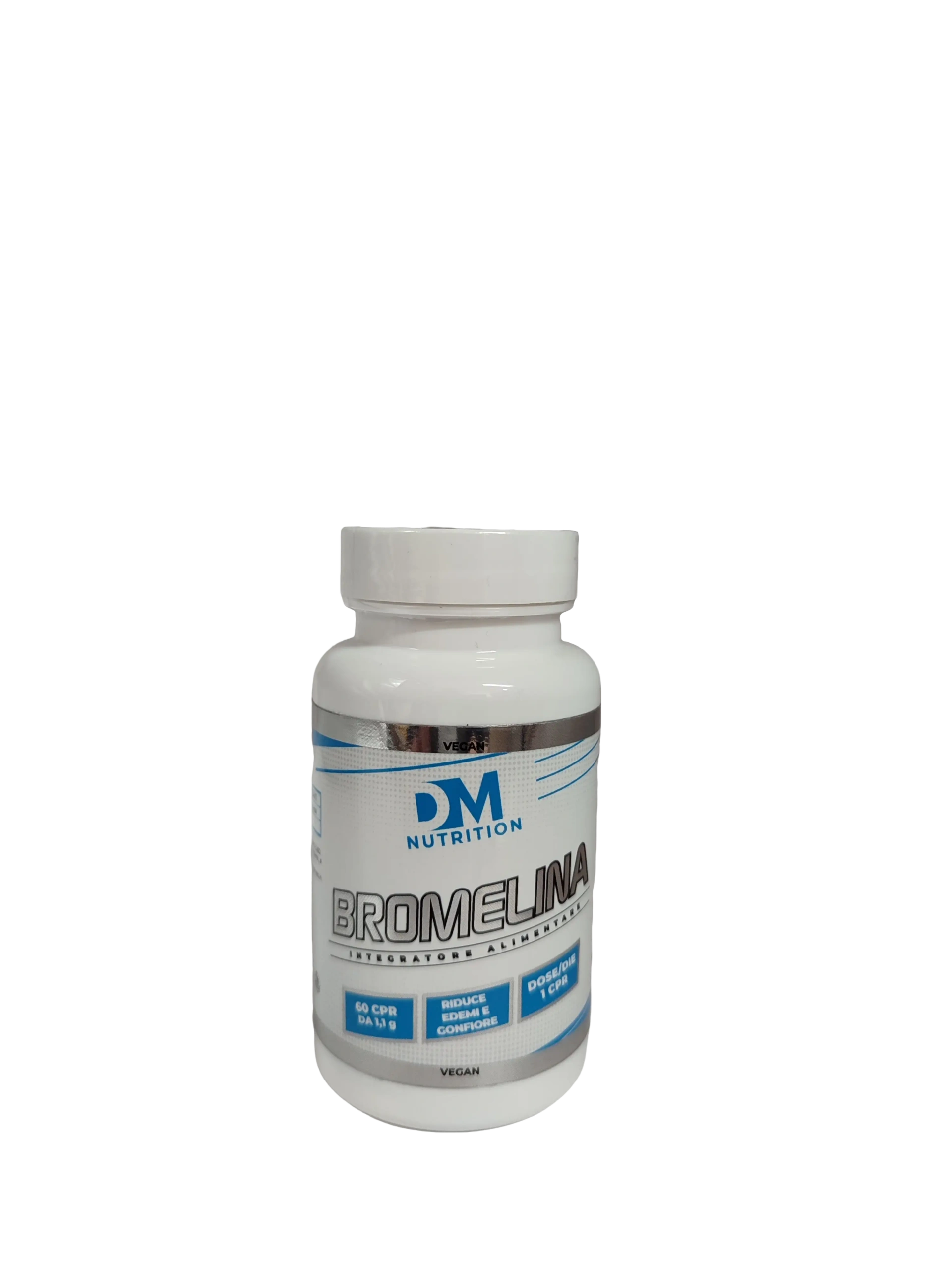 Integratore alimentare Bromelina DM Nutrition Flacone bianco di integratore alimentare Bromelina DM Nutrition su sfondo bianco.