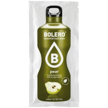Bustina monodose di bevanda solubile Bolero al gusto di pera con grafica verde e immagine di un frutto tagliato.