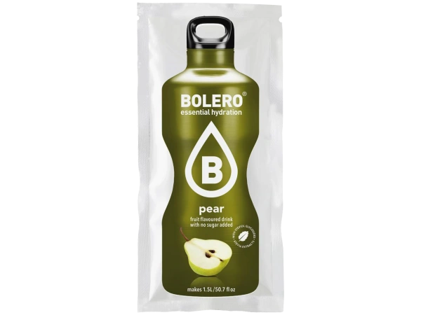 Bustina di bevanda solubile Bolero al gusto di pera Bustina monodose di bevanda solubile Bolero al gusto di pera con grafica verde e immagine di un frutto tagliato.