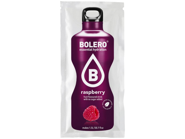 Bustina Bolero al gusto lampone Una bustina di preparato solubile Bolero al gusto lampone su sfondo bianco.