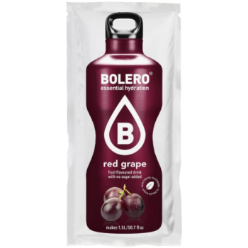 Bustina monodose di preparato solubile Bolero al gusto di uva rossa su sfondo bianco.