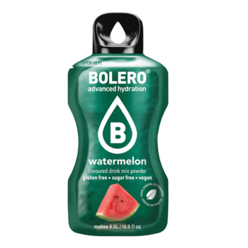 Bustina di preparato per bevanda Bolero al gusto di cocomero su sfondo bianco.