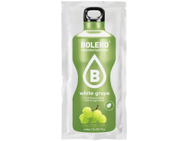 Bustina monodose Bolero gusto uva bianca Bustina di preparato solubile Bolero al gusto di uva bianca con grafica verde e immagine di acini d'uva.
