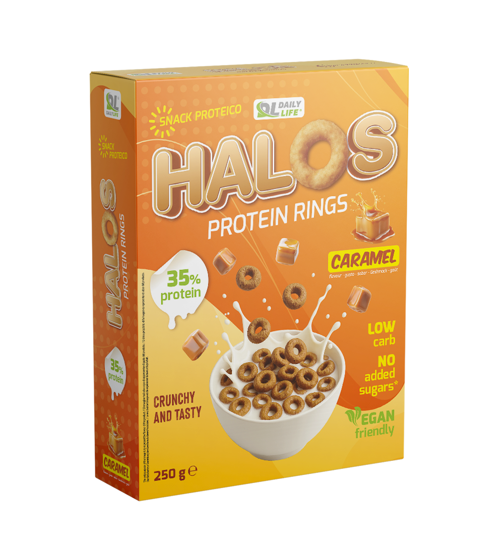 Cereali proteici Daily Life Halos al gusto Caramello Confezione di cereali proteici Halos al caramello con una ciotola di latte e anelli croccanti che cadono all'interno.