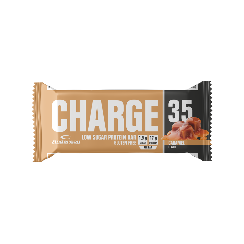 Barretta proteica Charge 35 gusto caramello Confezione singola di barretta proteica Charge 35 al gusto caramello su sfondo bianco.
