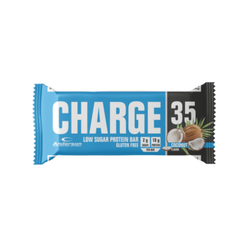 Confezione di barretta proteica Charge 35 al gusto cocco su sfondo bianco.