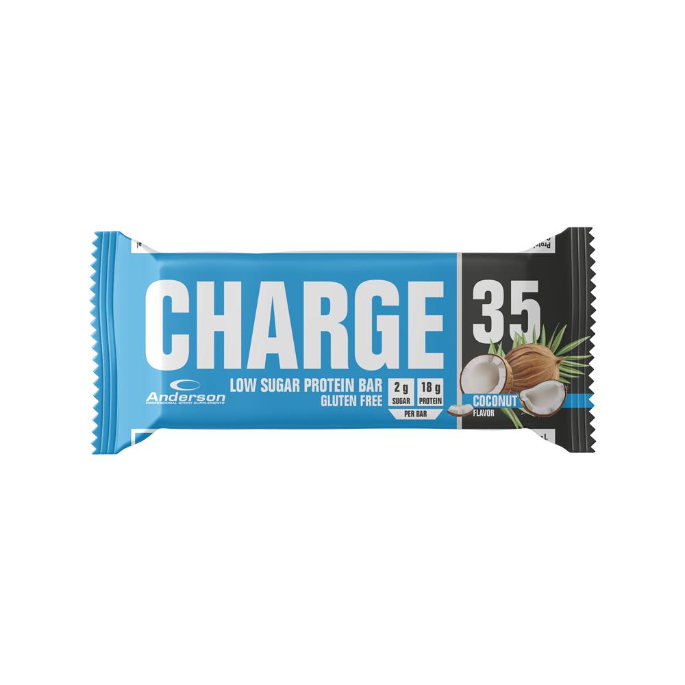 Barretta proteica Charge 35 gusto cocco Confezione di barretta proteica Charge 35 al gusto cocco su sfondo bianco.