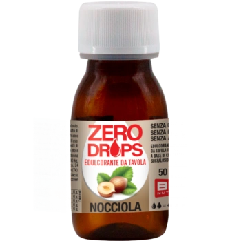 Flacone di dolcificante liquido Zero Drops al gusto di nocciola di BPR Nutrition con contagocce.