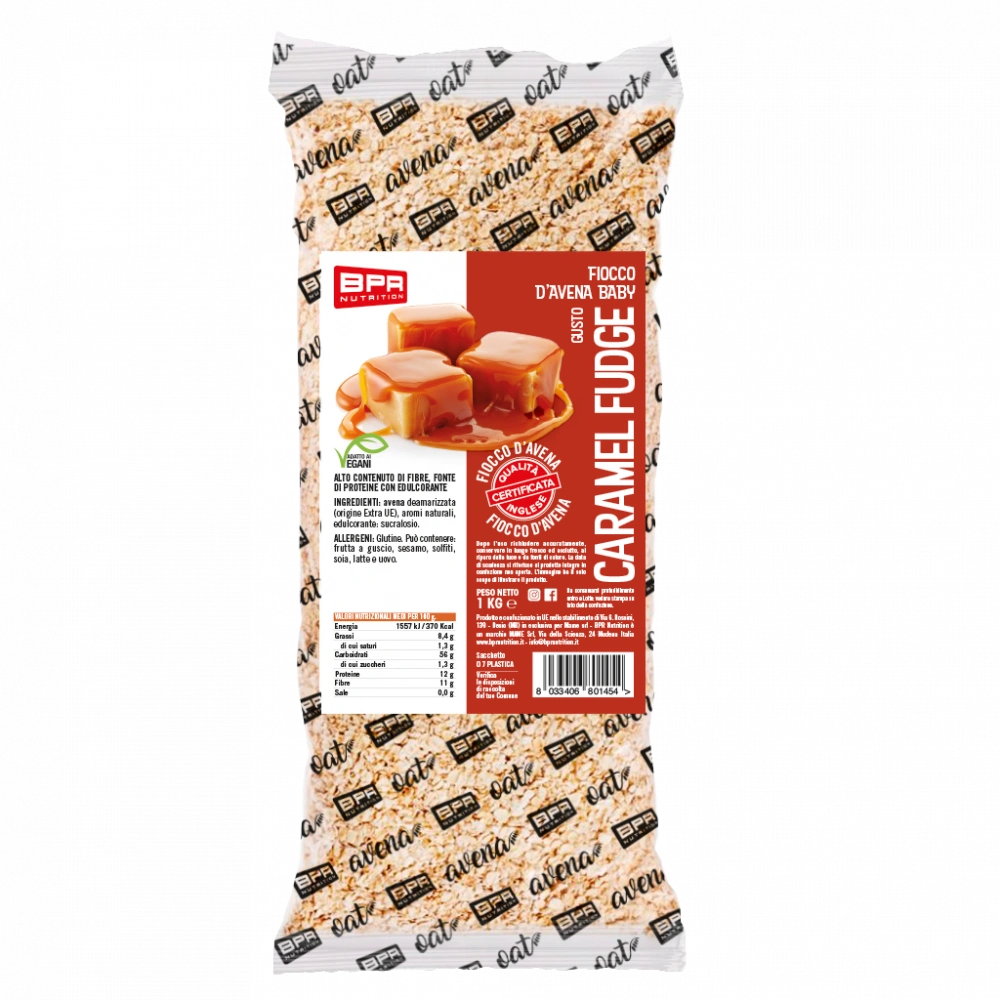 Fiocchi di avena baby BPR Nutrition gusto Caramel Fudge Confezione da 1 kg di Fiocchi di avena baby BPR Nutrition al gusto Caramel Fudge con immagine di cubetti di caramello.