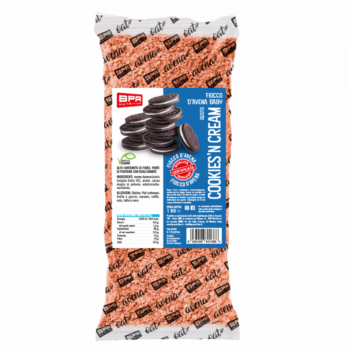 Confezione da 1 kg di fiocchi d'avena BPR Nutrition al gusto cookies and cream con immagine di biscotti al cacao.