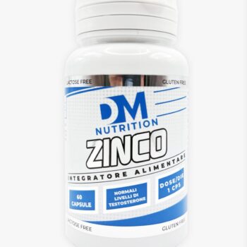 Flacone bianco di integratore alimentare Zinco DM Nutrition con etichetta blu e bianca da 60 capsule.