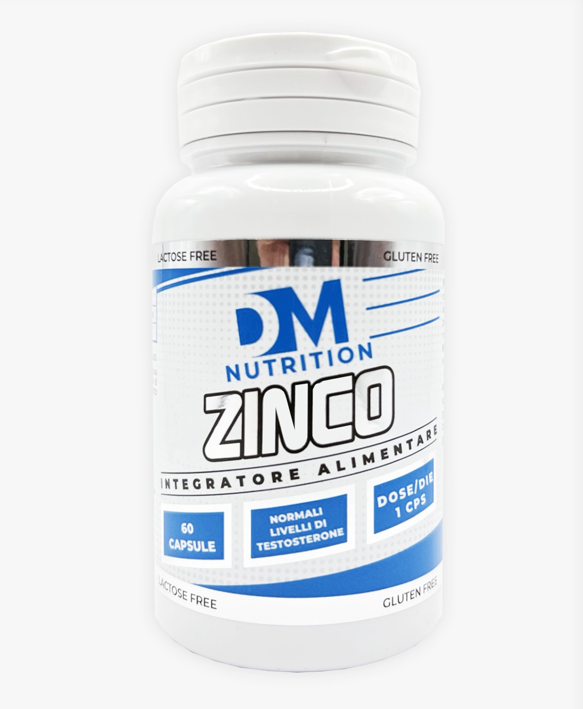 Integratore alimentare Zinco DM Nutrition Flacone bianco di integratore alimentare Zinco DM Nutrition con etichetta blu e bianca da 60 capsule.