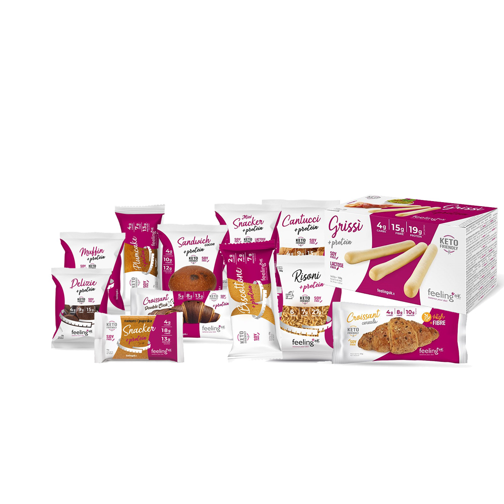 Kit risparmio dieta chetogenica per 7 giorni Feeling Ok Selezione di snack, prodotti da forno e cereali proteici a marchio Feeling Ok disposti su sfondo bianco.