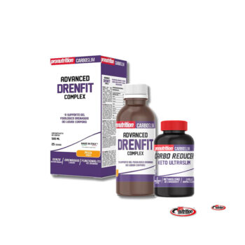Confezione di Advanced Drenfit liquido e flacone di Carbo Reducer di Pro Nutrition su sfondo bianco.