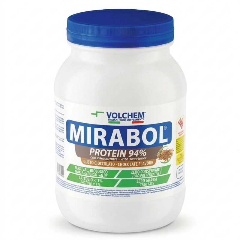 Mirabol Protein 94 Gusto Cioccolato Volchem Barattolo di Mirabol Protein 94 gusto cioccolato, un integratore di proteine isolate in polvere di alta qualità.