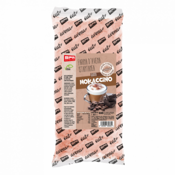 Confezione da 1 kg di farina d'avena istantanea aromatizzata al gusto mokaccino di BPR Nutrition su sfondo bianco.