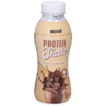 Bottiglia di Weider Protein Shake al gusto cioccolato da 330 ml con grafica splash di cacao.