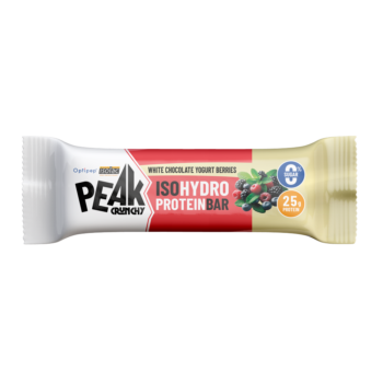 Confezione di barretta proteica Peak Crunchy al gusto cioccolato bianco e frutti di bosco con 25g di proteine.