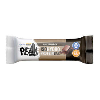 Confezione singola di barretta proteica Peak Crunchy IsoHydro al gusto cioccolato fondente su sfondo bianco.