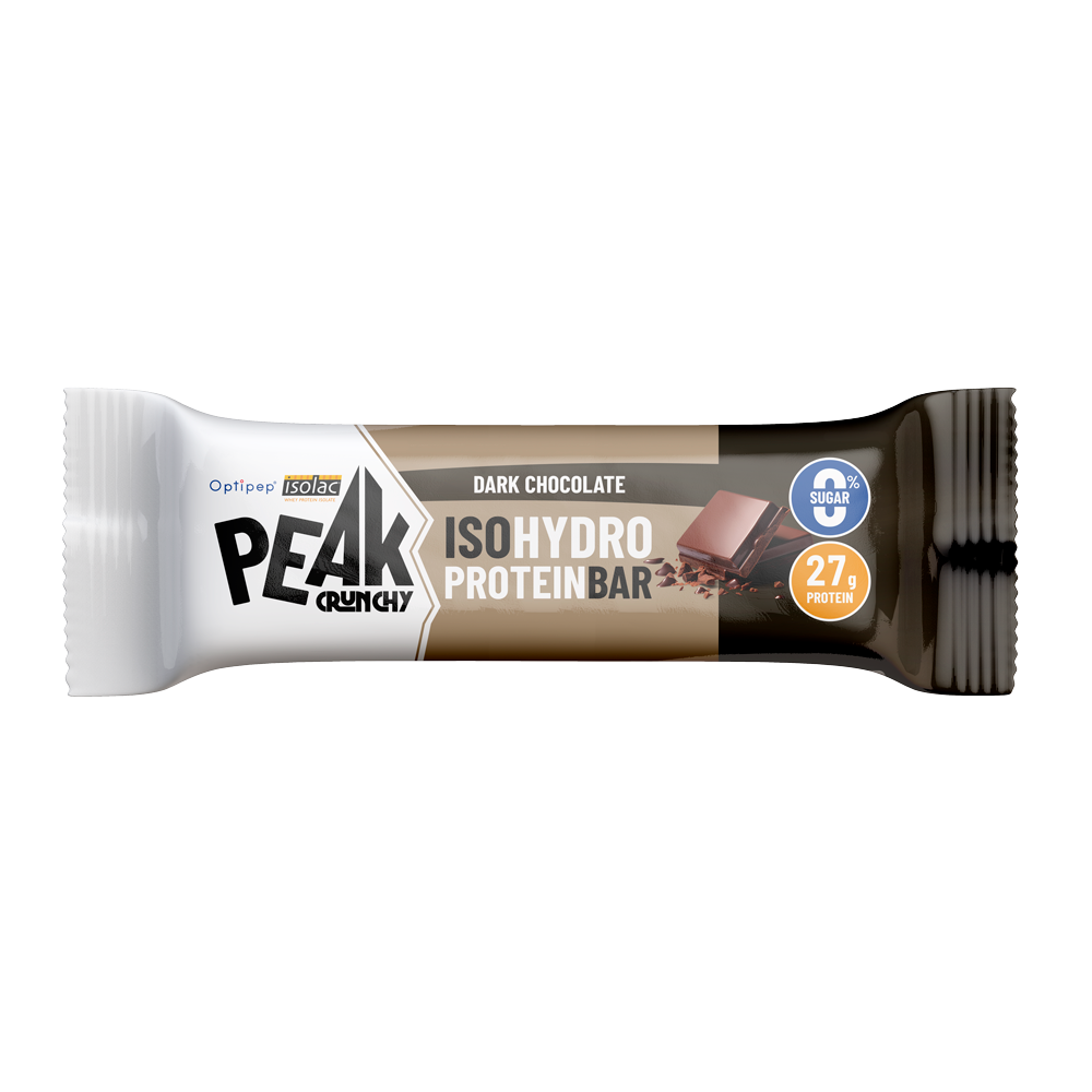 Barretta proteica Peak Crunchy IsoHydro al cioccolato fondente Confezione singola di barretta proteica Peak Crunchy IsoHydro al gusto cioccolato fondente su sfondo bianco.