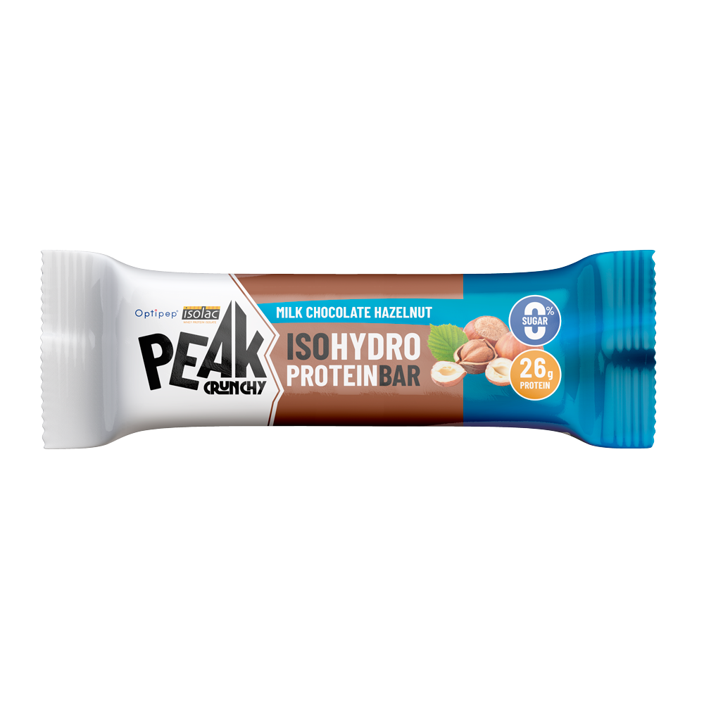 Barretta proteica Peak Crunchy gusto cioccolato al latte e nocciola Barretta proteica Peak Crunchy al gusto cioccolato al latte e nocciola con 26 grammi di proteine e zero zuccheri.