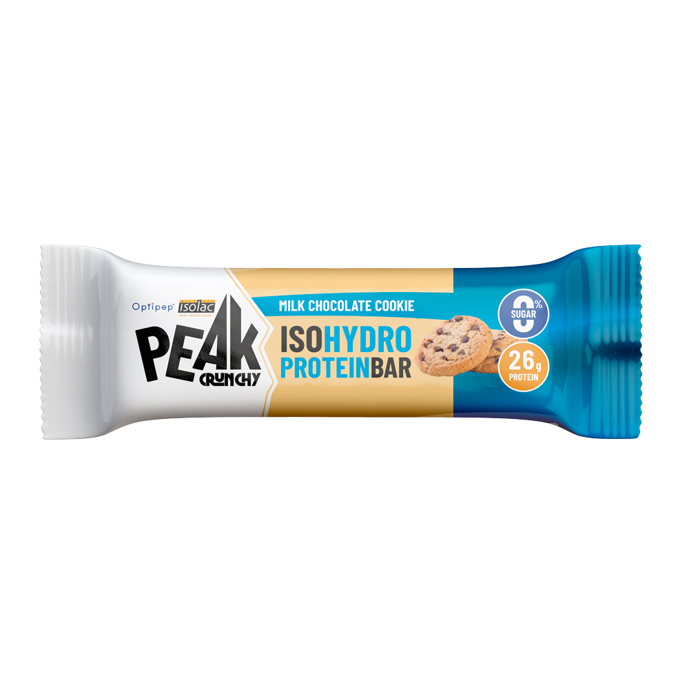 Barretta proteica Peak Crunchy Milk Chocolate Cookie Confezione singola di barretta proteica Peak Crunchy al gusto cioccolato al latte e biscotto su sfondo bianco.