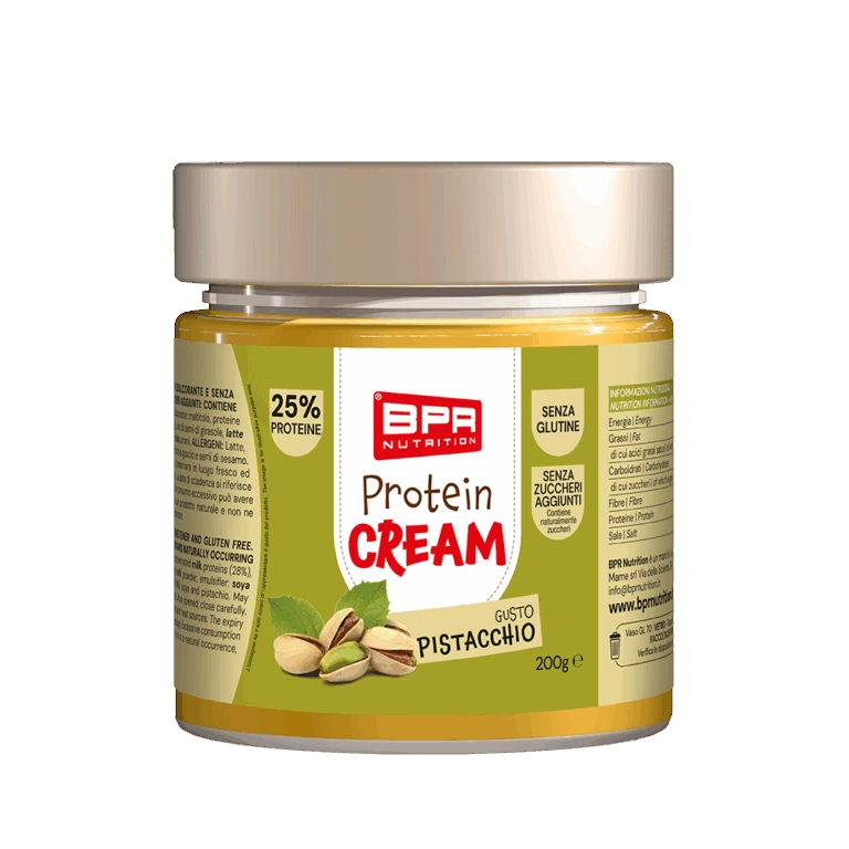 Crema spalmabile proteica al pistacchio BPR Nutrition Vasetto di crema spalmabile proteica pistacchio BPR Nutrition da 200 grammi con decorazione di pistacchi.
