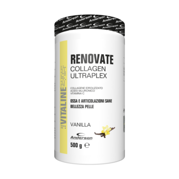 Barattolo da 500 grammi di integratore Renovate Collagen Ultraplex gusto vaniglia con etichetta bianca e gialla.