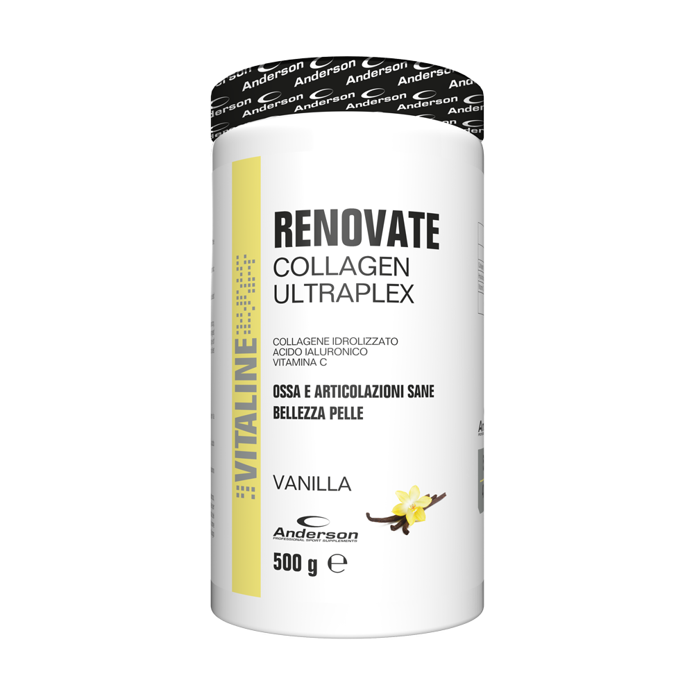 Integratore Renovate Collagen Ultraplex alla Vaniglia Barattolo da 500 grammi di integratore Renovate Collagen Ultraplex gusto vaniglia con etichetta bianca e gialla.