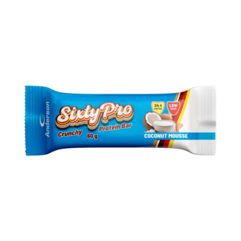 Confezione blu della barretta proteica Anderson SixtyPro al gusto Cocco Mousse con 24 grammi di proteine.