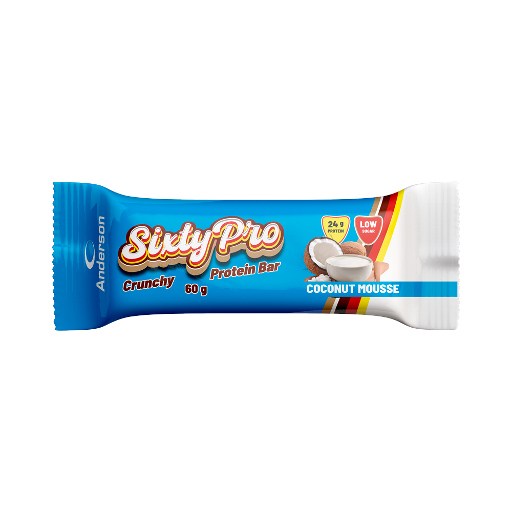 Barretta proteica Anderson SixtyPro gusto Cocco Mousse Confezione blu della barretta proteica Anderson SixtyPro al gusto Cocco Mousse con 24 grammi di proteine.