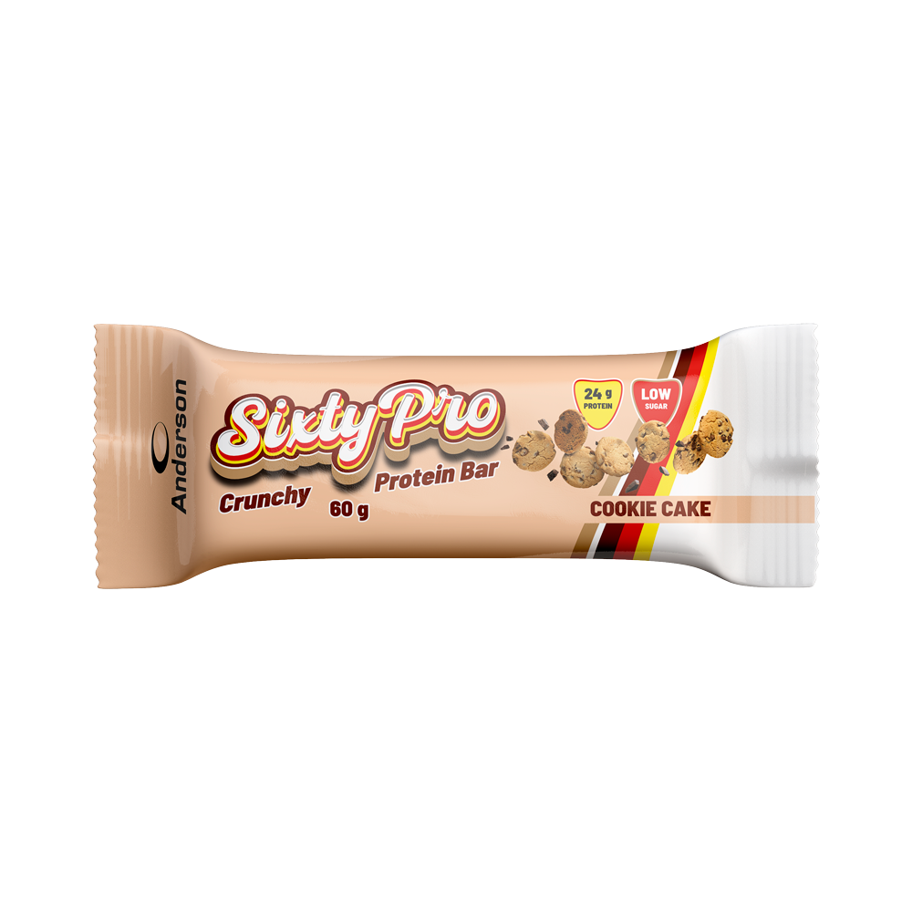 Barretta proteica Sixty Pro gusto Cookie Cake Barretta proteica Sixty Pro di Anderson al gusto Cookie Cake con 24 grammi di proteine e basso contenuto di zuccheri.