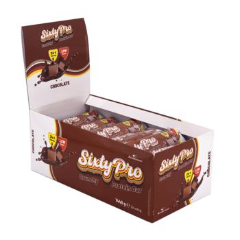 Espositore in cartone contenente 24 barrette proteiche Sixty Pro al gusto cioccolato con 24g di proteine.